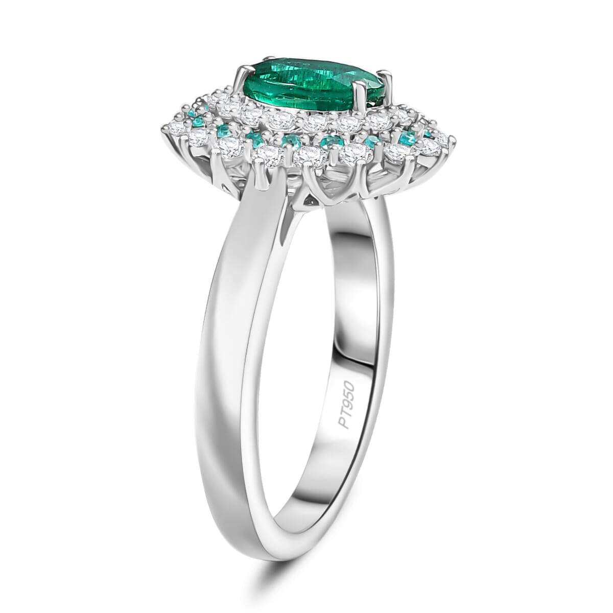 Certified & Appraised Rhapsody AAAA Kagem Zambian Emerald, Paraiba Tourmaline and E-F VS Diamond 2.00 ctw Sunburst Ring in 950 Platinum (Size 7.0) image number 3