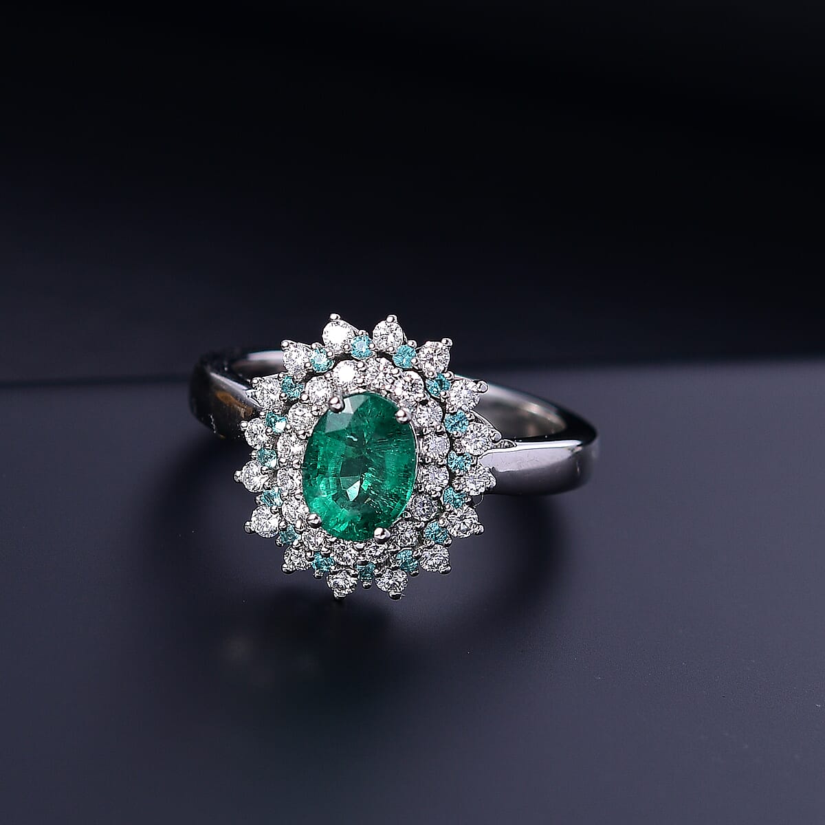 Rhapsody 950 Platinum AAAA Kagem Zambian Emerald, Paraiba Tourmaline and Diamond (E-F, VS) (0.56 cts) Sunburst Ring (Size 7.5) 2.00 ctw image number 1