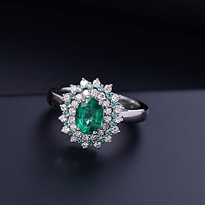 Certified & Appraised Rhapsody AAAA Kagem Zambian Emerald, Paraiba Tourmaline and E-F VS Diamond 2.00 ctw Sunburst Ring in 950 Platinum (Size 9.0)
