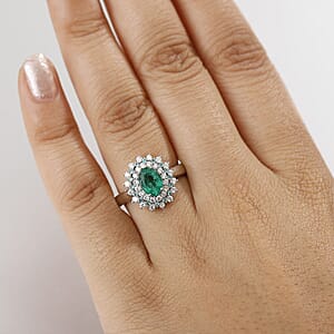 Rhapsody 950 Platinum AAAA Kagem Zambian Emerald, Paraiba Tourmaline and Diamond (E-F, VS) (0.56 cts) Sunburst Ring (Size 9.5) 2.00 ctw