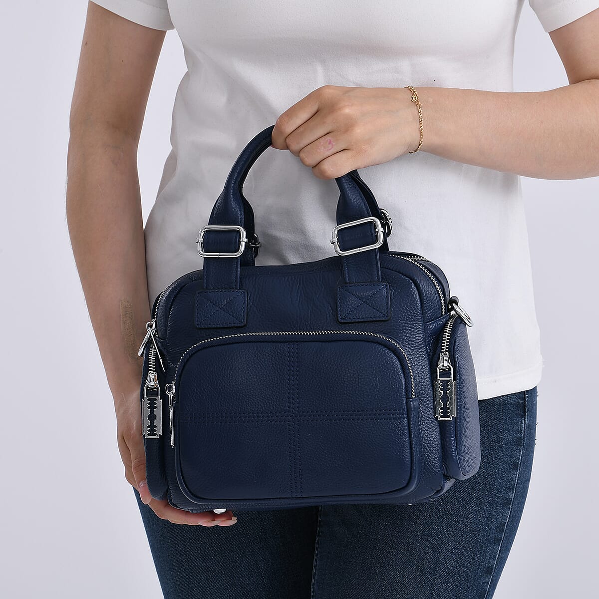 Navy Genuine Leather Crossbody Bag with Handle Drop and Shoulder Strap image number 2
