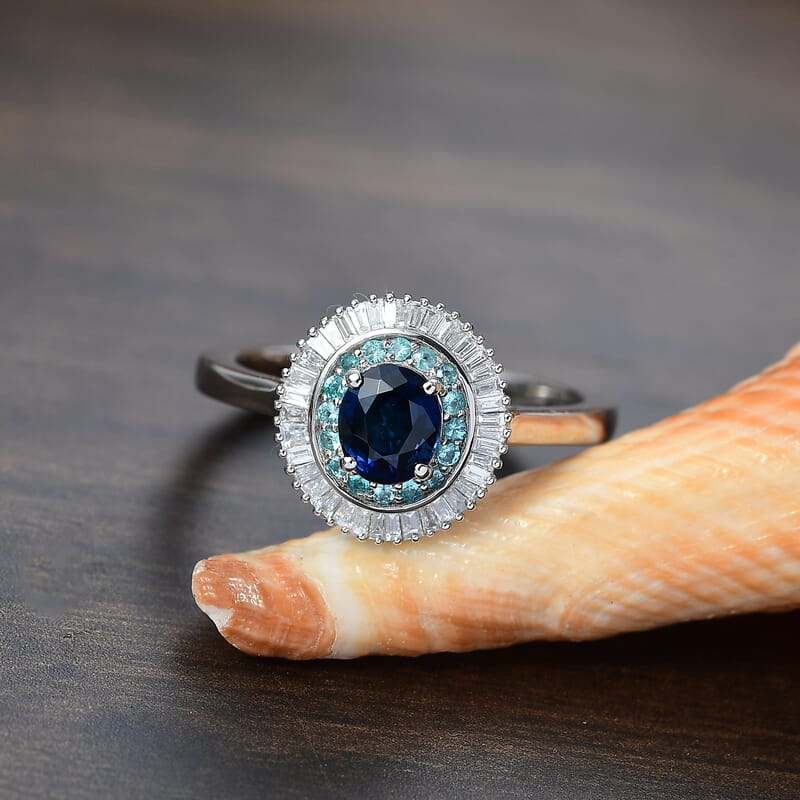 Certified & Appraised Rhapsody 950 Platinum AAA Ceylon Blue Sapphire, Paraiba Tourmaline and Diamond (E-F, VS2) (0.30 cts) Ring (Size 5.0) 1.50 ctw
