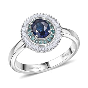 Certified & Appraised Rhapsody AAA Ceylon Blue Sapphire, Paraiba Tourmaline and E-F VS2 Diamond 1.50 ctw Ring in 950 Platinum (Size 6.0)