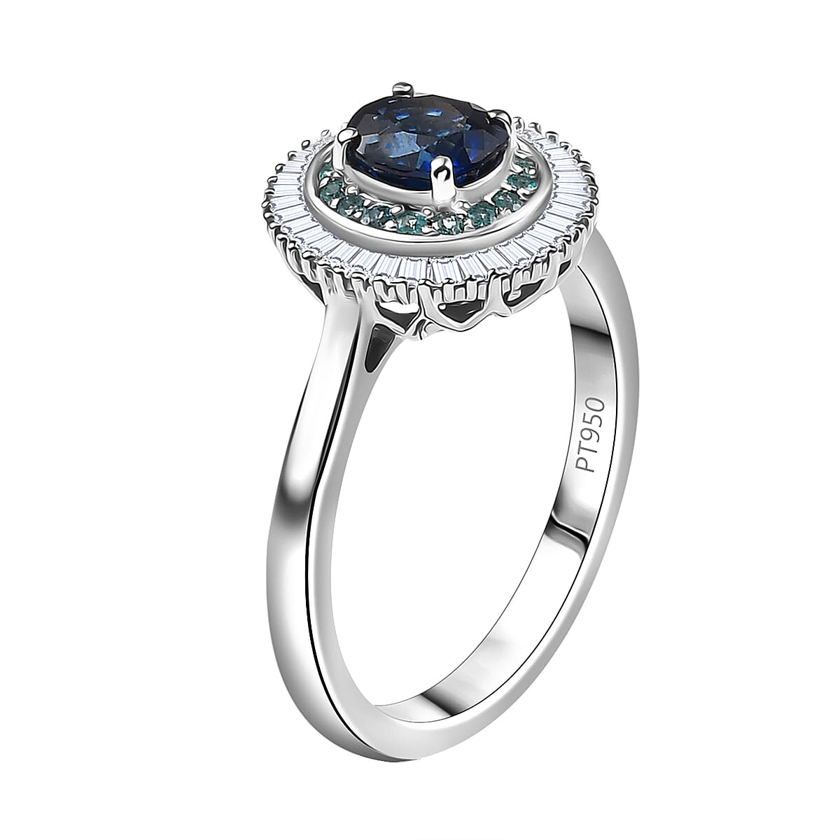 Certified & Appraised Rhapsody AAA Ceylon Blue Sapphire, Paraiba Tourmaline and E-F VS2 Diamond 1.50 ctw Ring in 950 Platinum (Size 8.0) image number 3