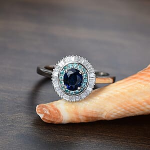 Certified & Appraised Rhapsody AAA Ceylon Blue Sapphire, Paraiba Tourmaline and E-F VS2 Diamond 1.50 ctw Ring in 950 Platinum (Size 9.0)