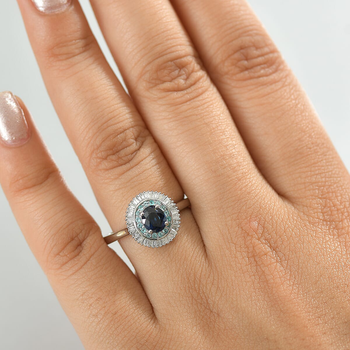 Certified & Appraised Rhapsody AAA Ceylon Blue Sapphire, Paraiba Tourmaline and E-F VS2 Diamond 1.50 ctw Ring in 950 Platinum (Size 9.0) image number 2