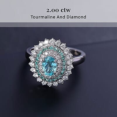 Rhapsody 950 Platinum AAAA Paraiba Tourmaline, Diamond (E-F, VS2) (0.95 cts) Ring (Size 6.0) (8.55 g) 2.00 ctw