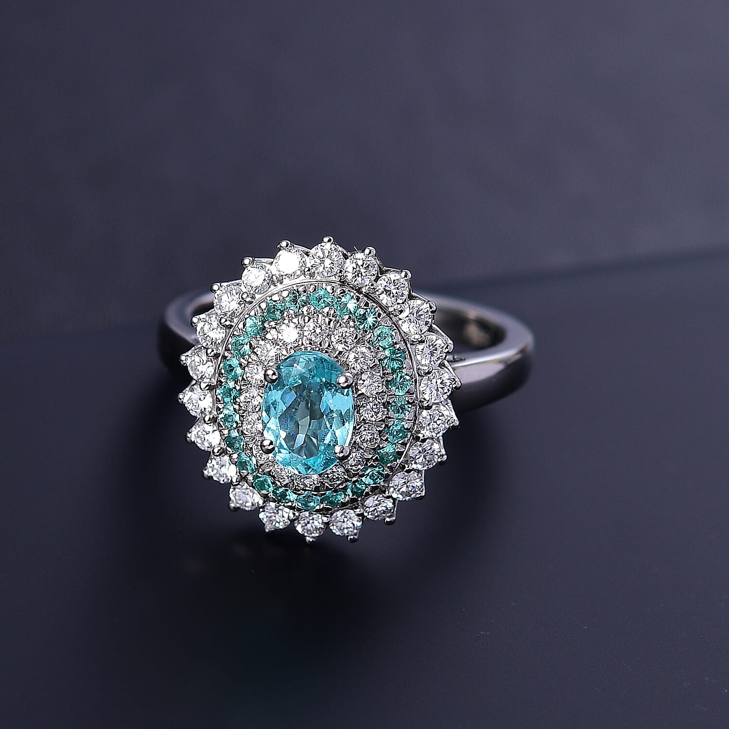 Certified & Appraised Rhapsody AAAA Paraiba Tourmaline and E-F VS2 Diamond 2.00 ctw Ring in 950 Platinum (Size 8.0) 8.55 Grams