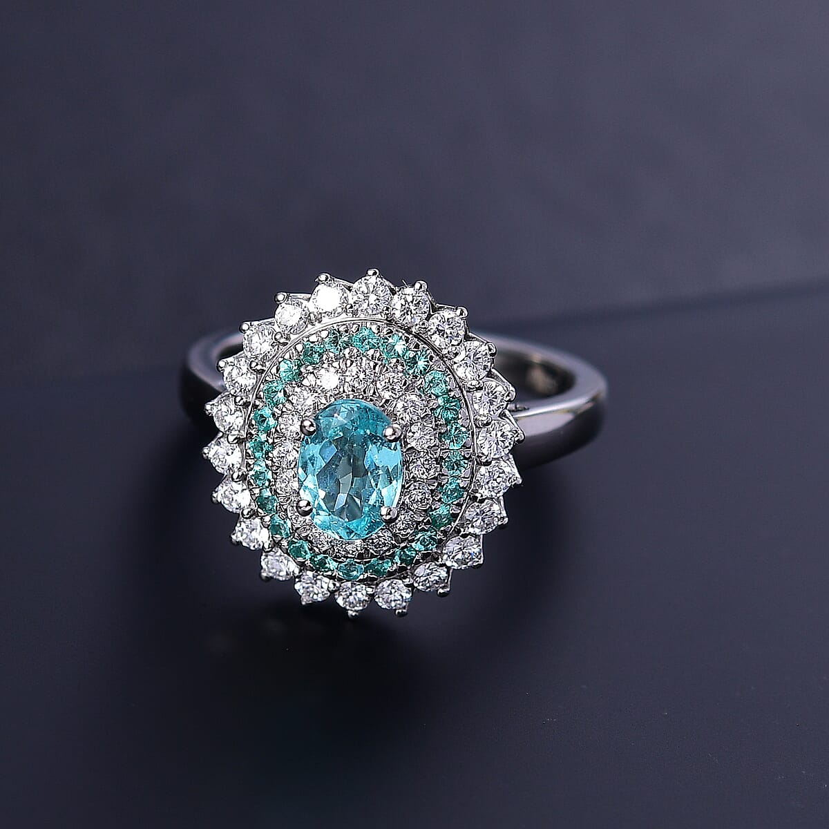 Certified & Appraised Rhapsody AAAA Paraiba Tourmaline and E-F VS2 Diamond 2.00 ctw Ring in 950 Platinum (Size 8.0) 8.55 Grams image number 1