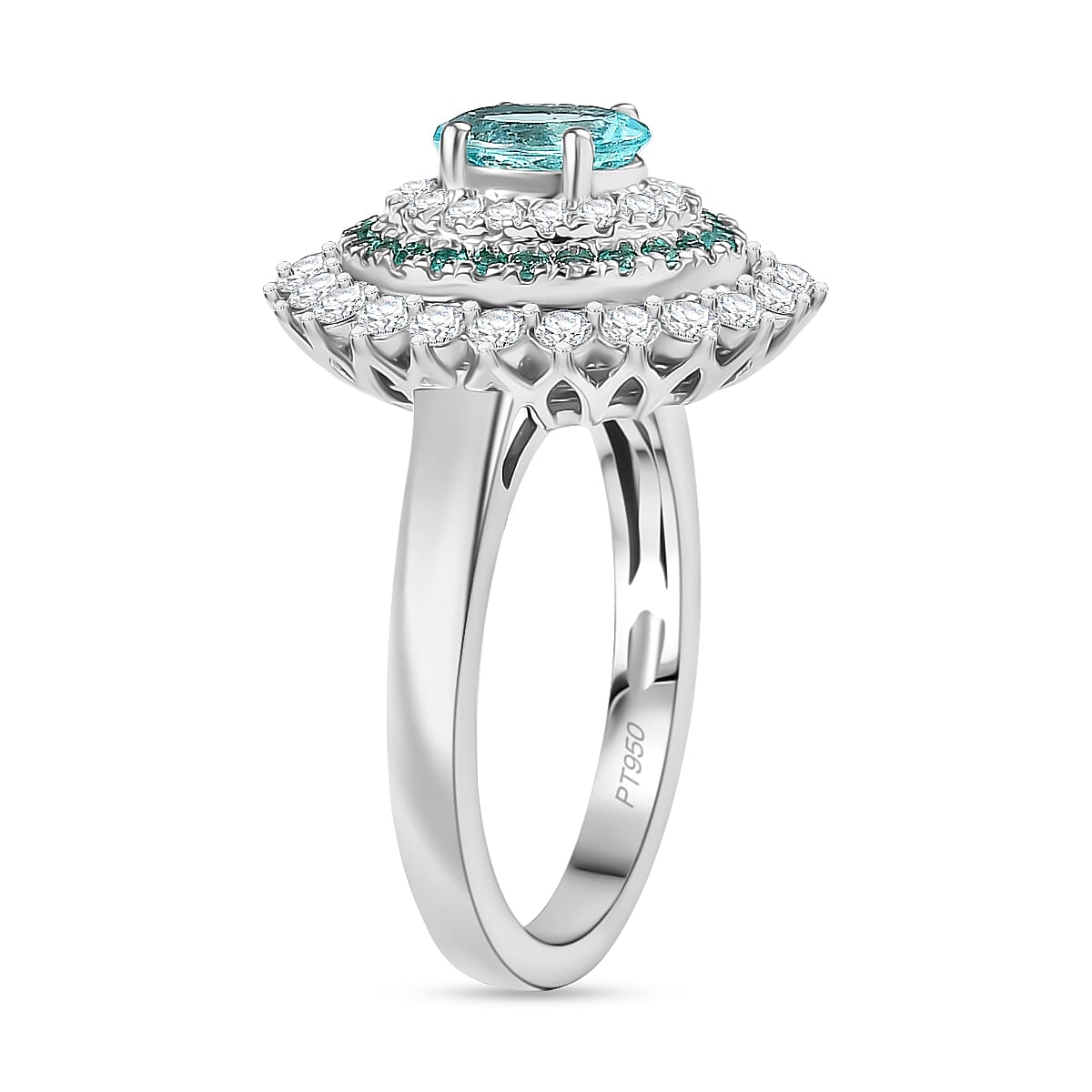 Certified & Appraised Rhapsody AAAA Paraiba Tourmaline and E-F VS2 Diamond 2.00 ctw Ring in 950 Platinum (Size 8.0) 8.55 Grams image number 3