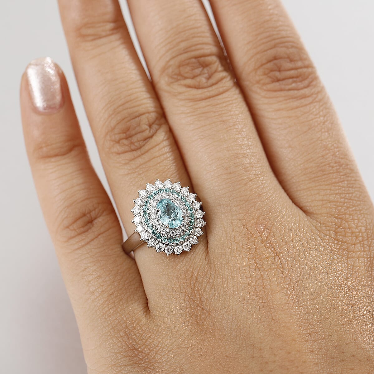 Certified & Appraised Rhapsody AAAA Paraiba Tourmaline and E-F VS2 Diamond 2.00 ctw Ring in 950 Platinum (Size 9.0) 8.55 Grams image number 2