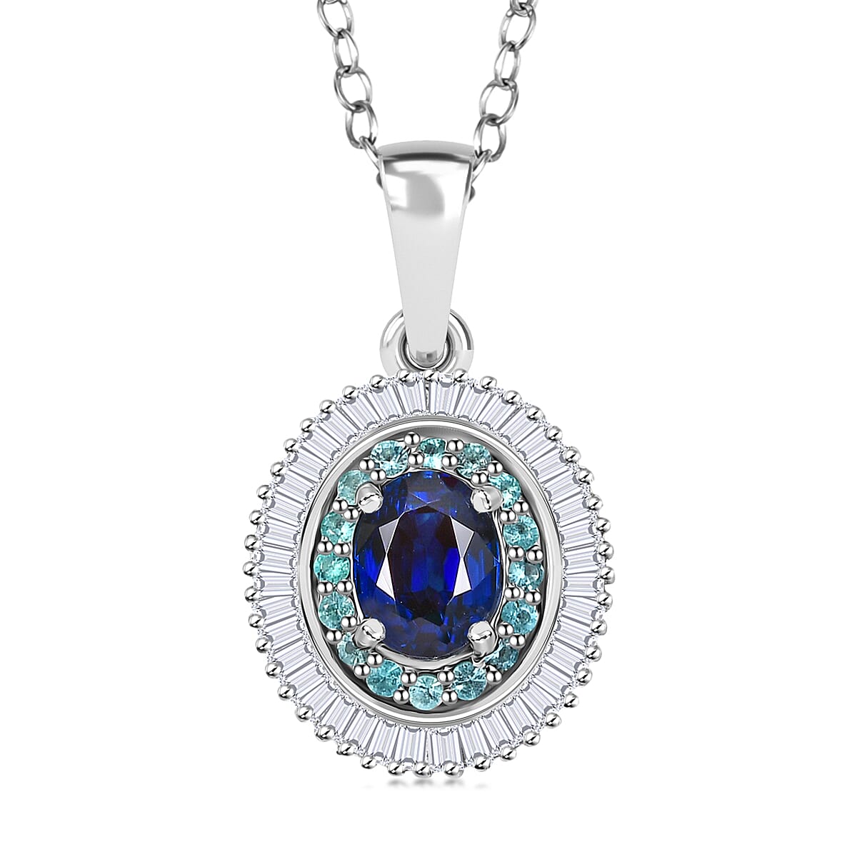 Certified & Appraised Rhapsody AAA Ceylon Blue Sapphire, Paraiba Tourmaline and E-F VS2 Diamond 1.50 ctw Pendant in 950 Platinum