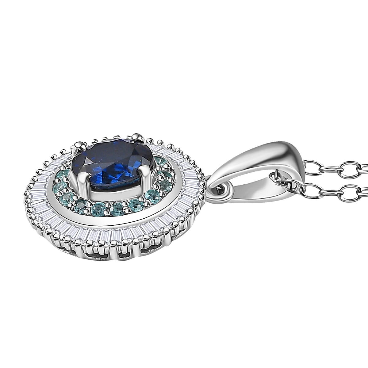Certified & Appraised Rhapsody AAA Ceylon Blue Sapphire, Paraiba Tourmaline and E-F VS2 Diamond 1.50 ctw Pendant in 950 Platinum