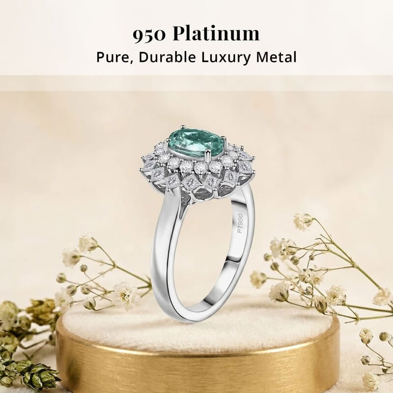 Certified and Appraised Rhapsody AAAA Paraiba Tourmaline, Diamond Ring in 950 Platinum 2.00 ctw (Size 11.5) With Free Paraiba Book