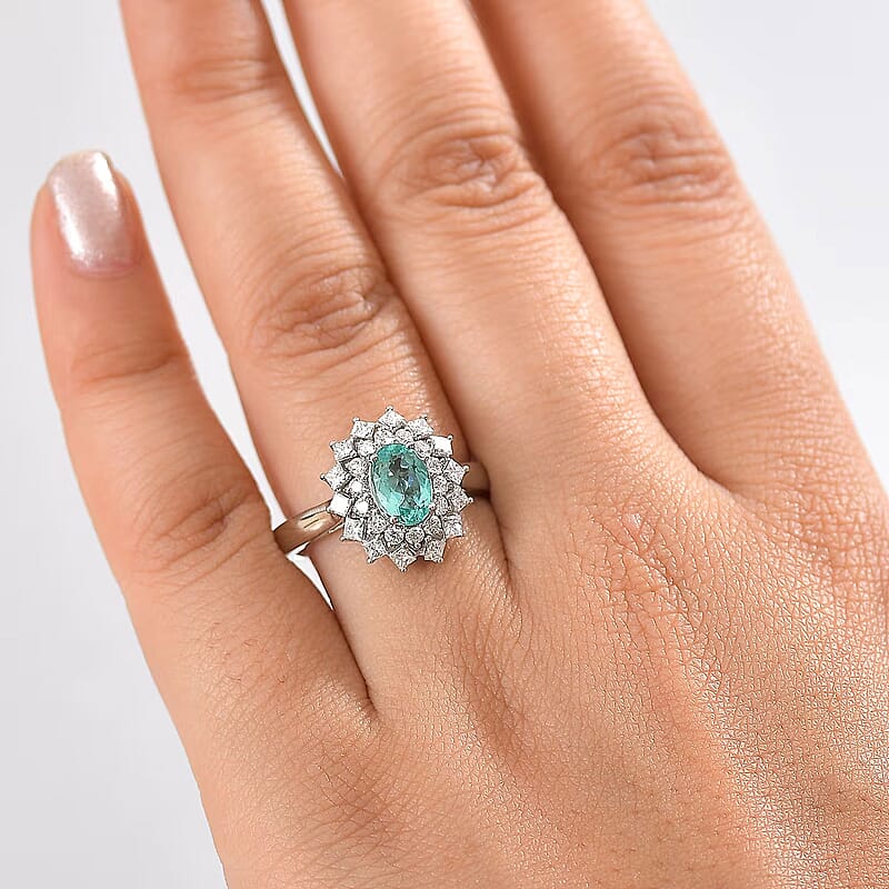 Certified and Appraised Rhapsody AAAA Paraiba Tourmaline, Diamond Ring in 950 Platinum 2.00 ctw (Size 5.0) With Free Paraiba Book