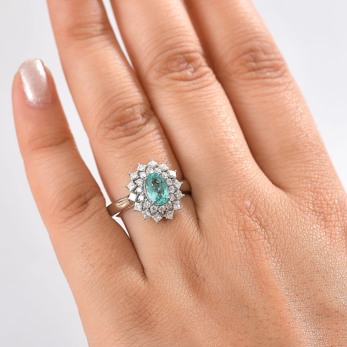 Certified & Appraised Rhapsody AAAA Paraiba Tourmaline and E-F VS2 Diamond 2.00 ctw Ring in 950 Platinum (Size 6.0) 8.10 Grams image number 2