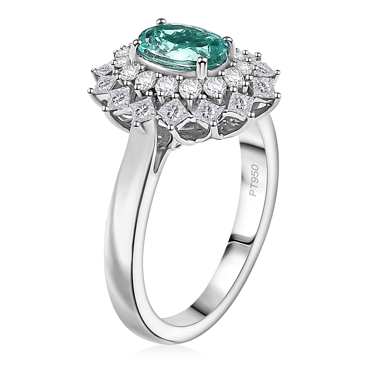 Certified & Appraised Rhapsody AAAA Paraiba Tourmaline and E-F VS2 Diamond 2.00 ctw Ring in 950 Platinum (Size 6.0) 8.10 Grams image number 3