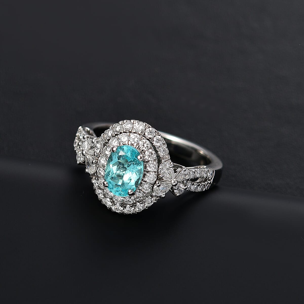 Certified & Appraised Rhapsody AAAA Paraiba Tourmaline and E-F VS2 Diamond 2.00 ctw Ring in 950 Platinum (Size 6.0) 7.80 Grams with Free Paraiba Book  image number 1