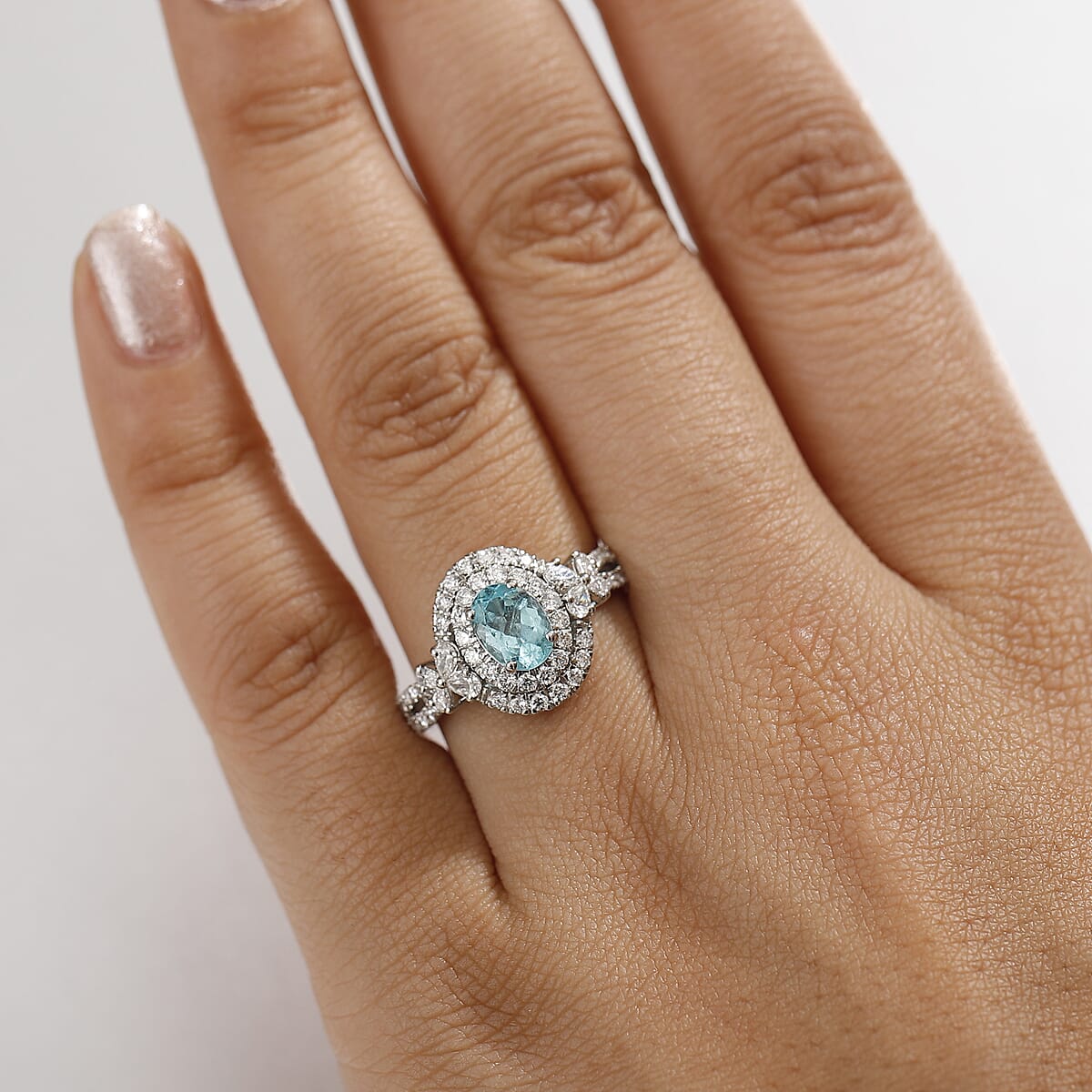 Certified & Appraised Rhapsody AAAA Paraiba Tourmaline and E-F VS2 Diamond 2.00 ctw Ring in 950 Platinum (Size 8.0) 7.80 Grams with Free Paraiba Book  image number 2