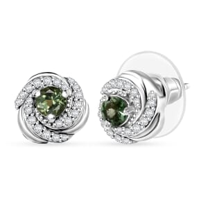 D'Joy Malagasy Pine Apatite and White Zircon 1.00 ctw Woodland Halo Earrings in Rhodium Over Sterling Silver