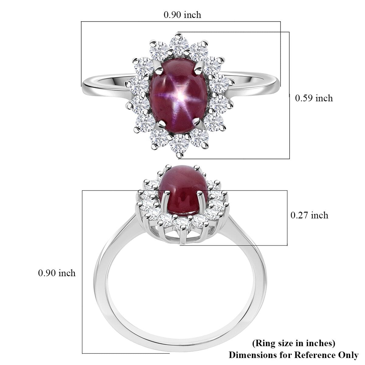 Premium Indian Star Ruby and White Zircon 2.75 ctw Sunburst Ring in Rhodium Over Sterling Silver (Size 10.0) image number 5