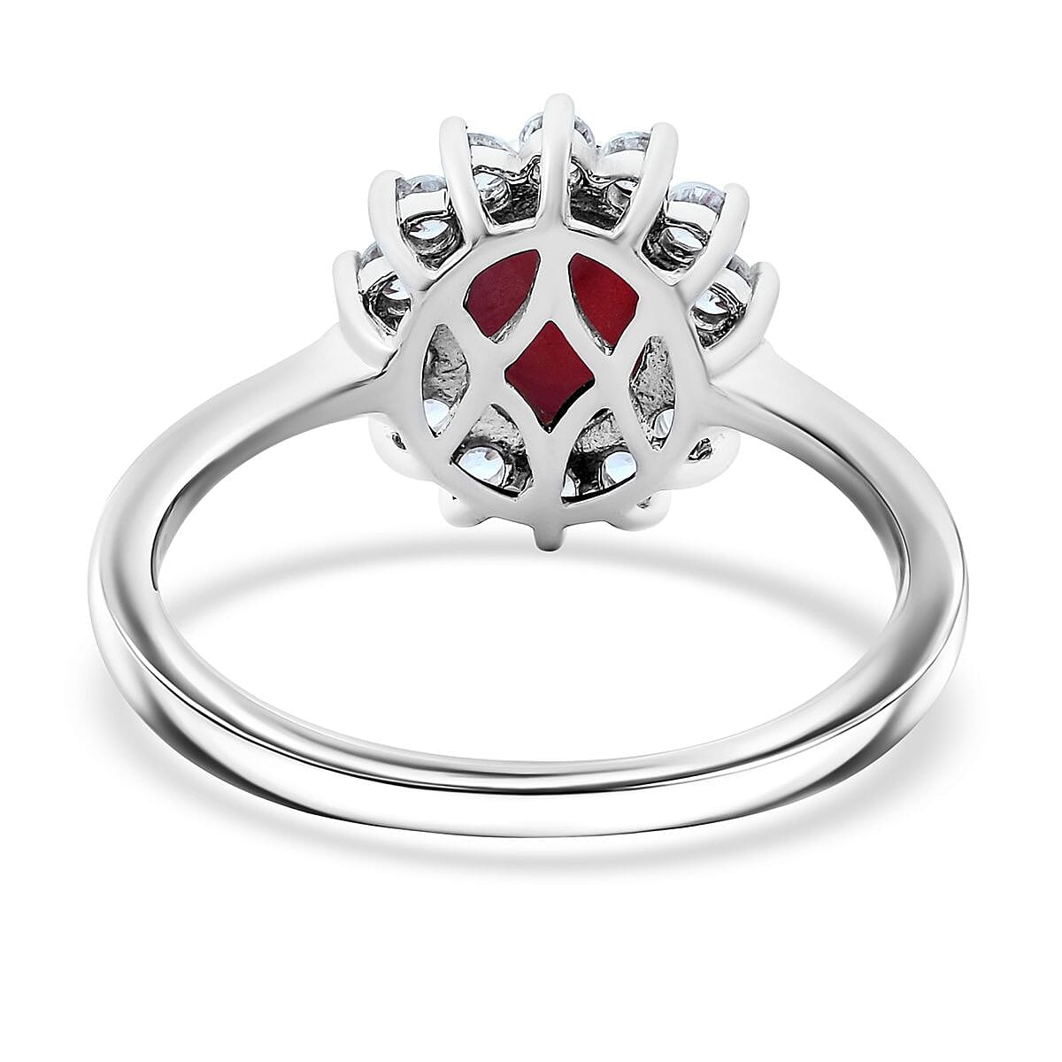 Premium Indian Star Ruby and White Zircon 2.75 ctw Sunburst Ring in Rhodium Over Sterling Silver (Size 6.0) image number 4