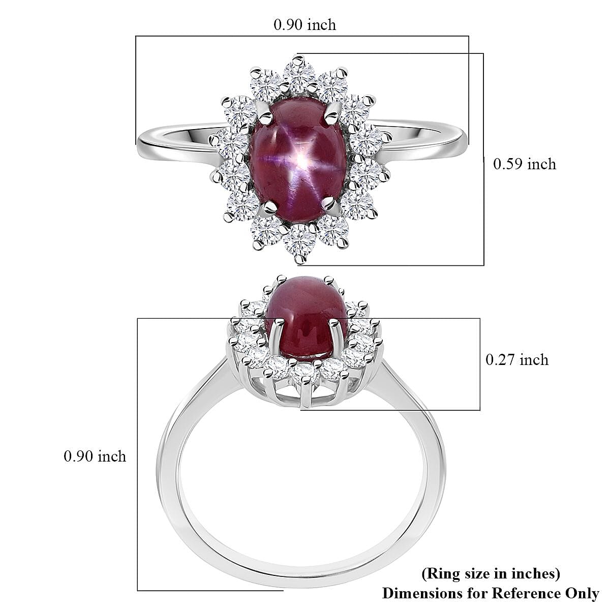 Premium Indian Star Ruby and White Zircon 2.75 ctw Sunburst Ring in Rhodium Over Sterling Silver (Size 6.0) image number 5
