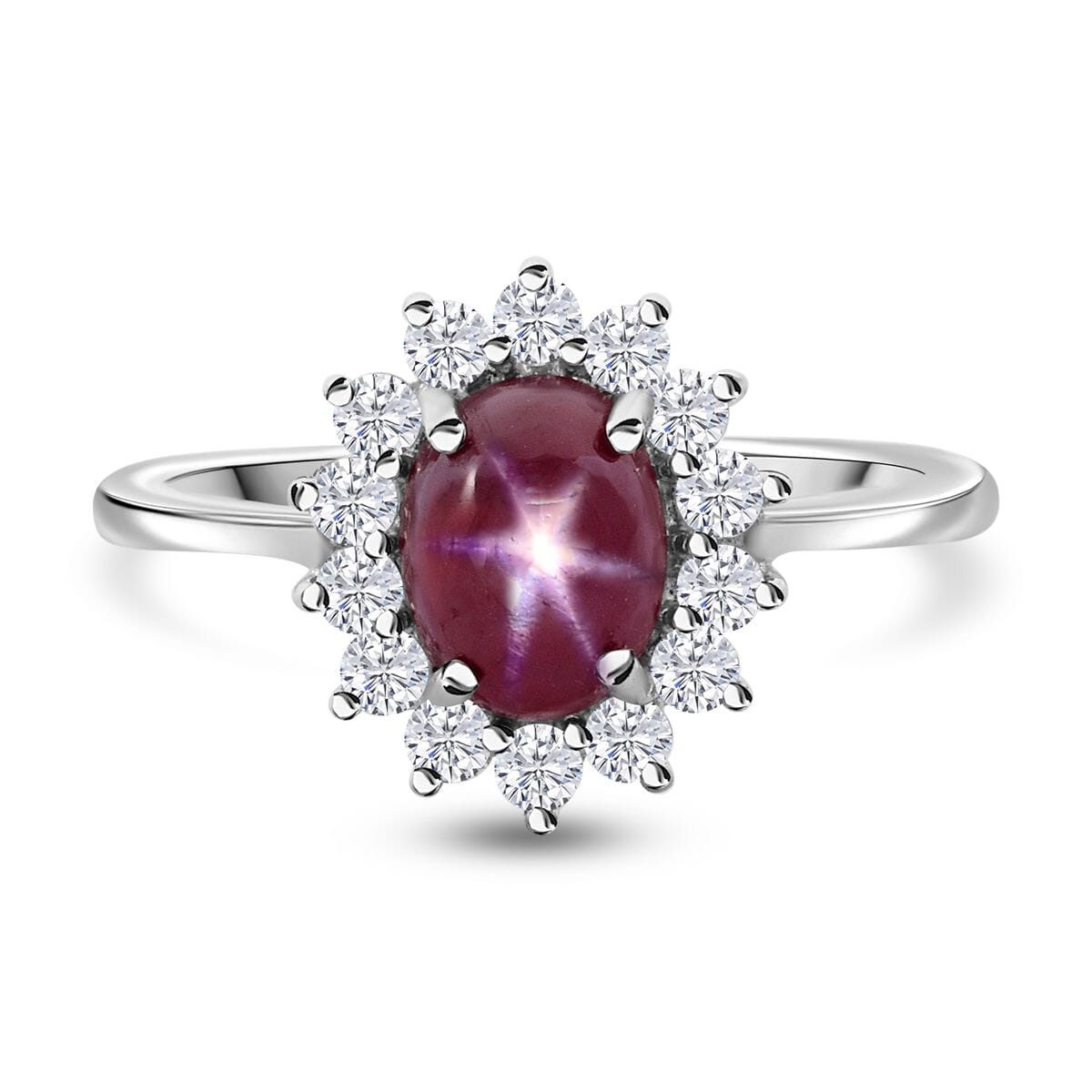Premium Indian Star Ruby and White Zircon 2.75 ctw Sunburst Ring in Rhodium Over Sterling Silver (Size 7.0) image number 0