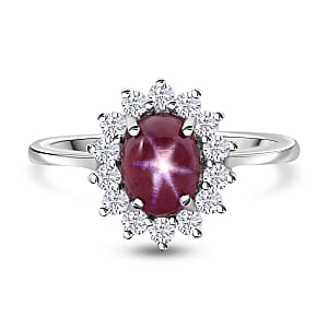 Premium Indian Star Ruby and White Zircon 2.75 ctw Sunburst Ring in Rhodium Over Sterling Silver (Size 8.0)