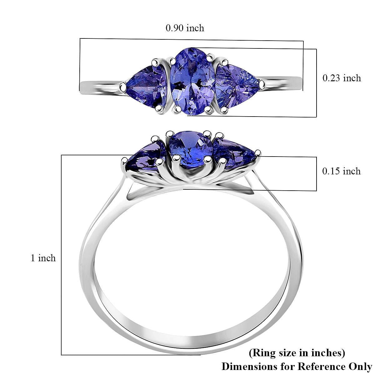 Tanzanite 0.85 ctw Trinity Ring in Rhodium Over Sterling Silver (Size 10.0)