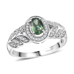 D'Joy Malagasy Pine Apatite and White Zircon 0.85 ctw Fern Leaf Ring in Rhodium Over Sterling Silver (Size 10.0)