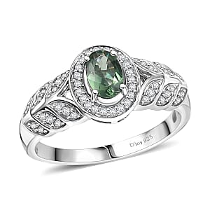 D'Joy Malagasy Pine Apatite and White Zircon 0.85 ctw Fern Leaf Ring in Rhodium Over Sterling Silver (Size 5.0)