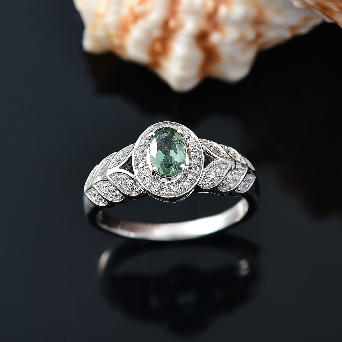 D'Joy Malagasy Pine Apatite and White Zircon 0.85 ctw Fern Leaf Ring in Rhodium Over Sterling Silver (Size 5.0) image number 1