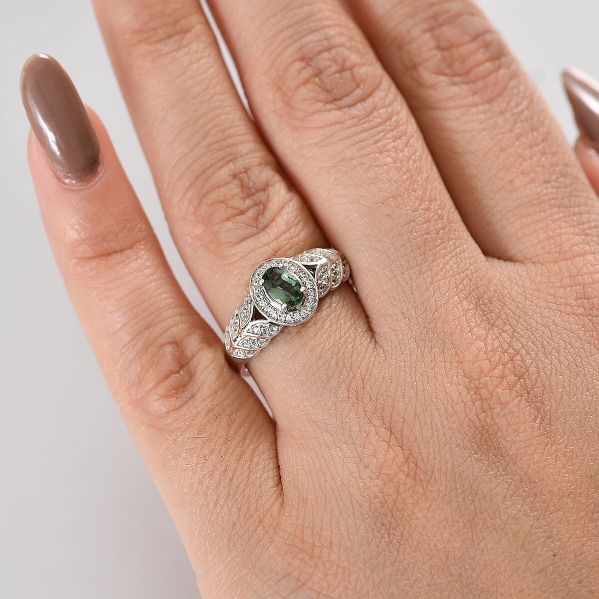 D'Joy Malagasy Pine Apatite and White Zircon 0.85 ctw Fern Leaf Ring in Rhodium Over Sterling Silver (Size 5.0) image number 2