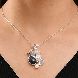 Malagaasy Labradorite and White Pearl 7.10 ctw Pendant without Chain in Rhodium Over Sterling Silver