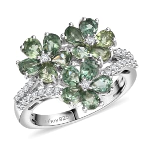 D'Joy Premium Malagasy Pine Apatite and White Zircon 3.00 ctw Bunch of Flower Ring in Rhodium Over Sterling Silver (Size 10.0)