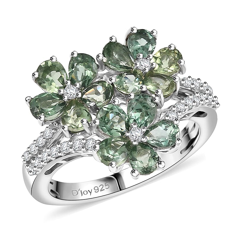 D'Joy Premium Malagasy Pine Apatite and White Zircon 3.00 ctw Bunch of Flower Ring in Rhodium Over Sterling Silver (Size 10.0)
