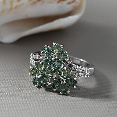 D'Joy Premium Malagasy Pine Apatite and White Zircon 3.00 ctw Bunch of Flower Ring in Rhodium Over Sterling Silver (Size 10.0)