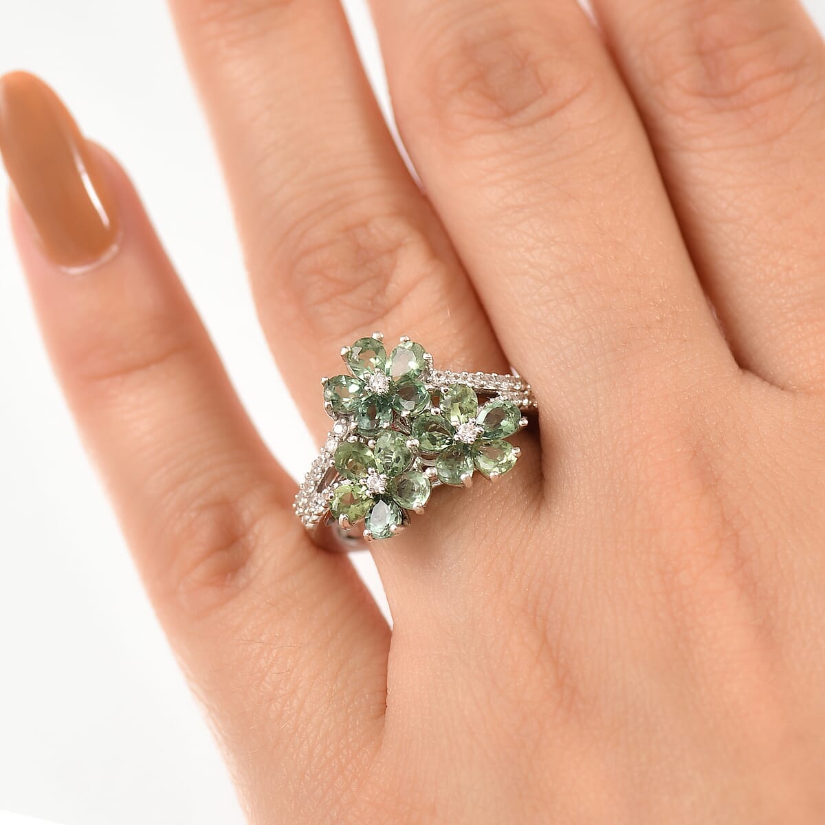 D'Joy Premium Malagasy Pine Apatite and White Zircon 3.00 ctw Bunch of Flower Ring in Rhodium Over Sterling Silver (Size 6.0) image number 2