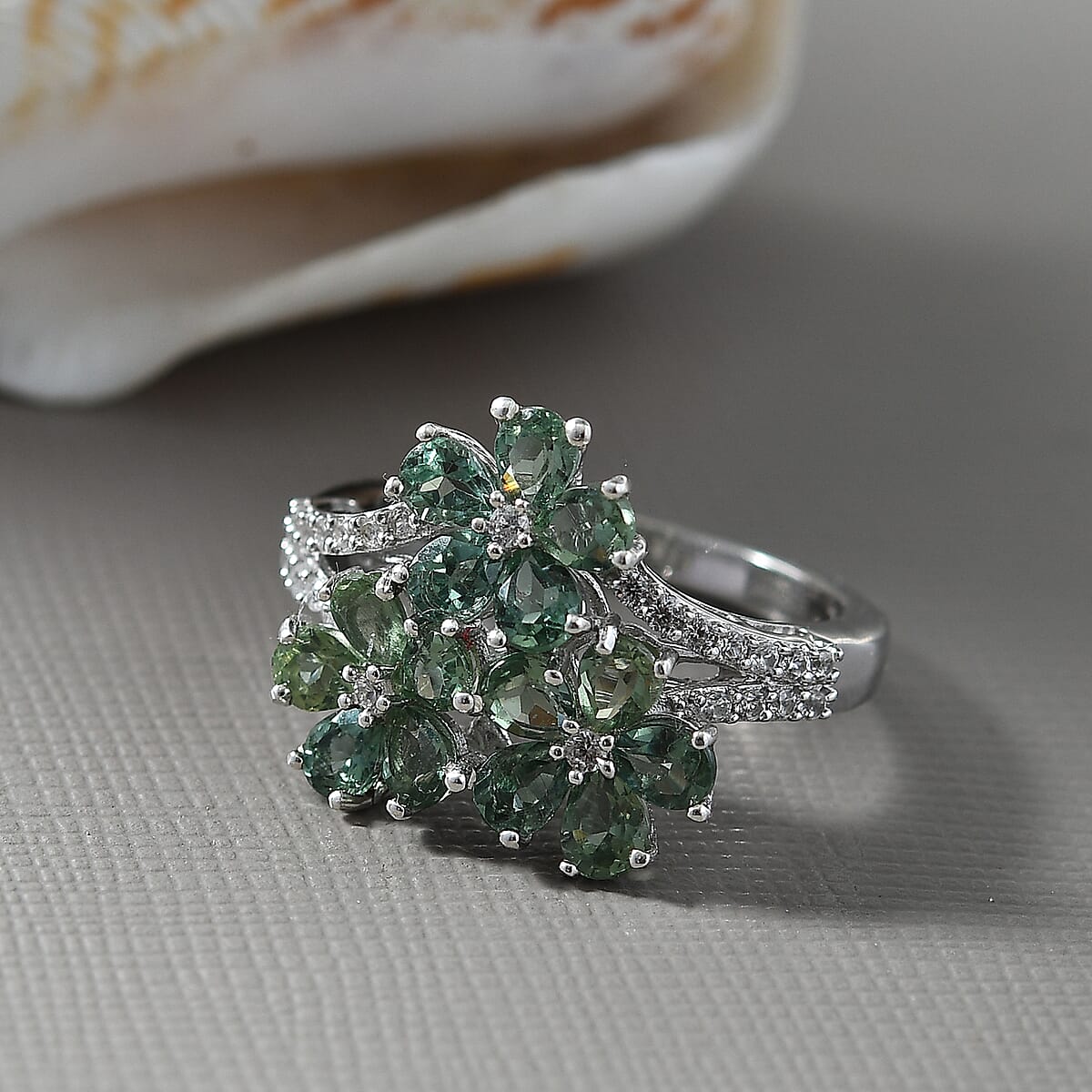D'Joy Premium Malagasy Pine Apatite and White Zircon 3.00 ctw Bunch of Flower Ring in Rhodium Over Sterling Silver (Size 8.0) image number 1