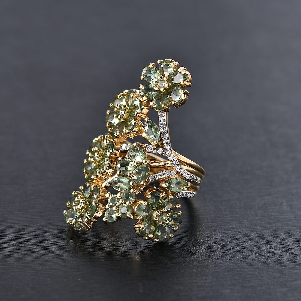 D'Joy Premium Malagasy Pine Apatite and Moissanite 6.80 ctw Jasmine Floral Ring in 18K Vermeil Yellow Gold Over Sterling Silver (Size 10.0) image number 1