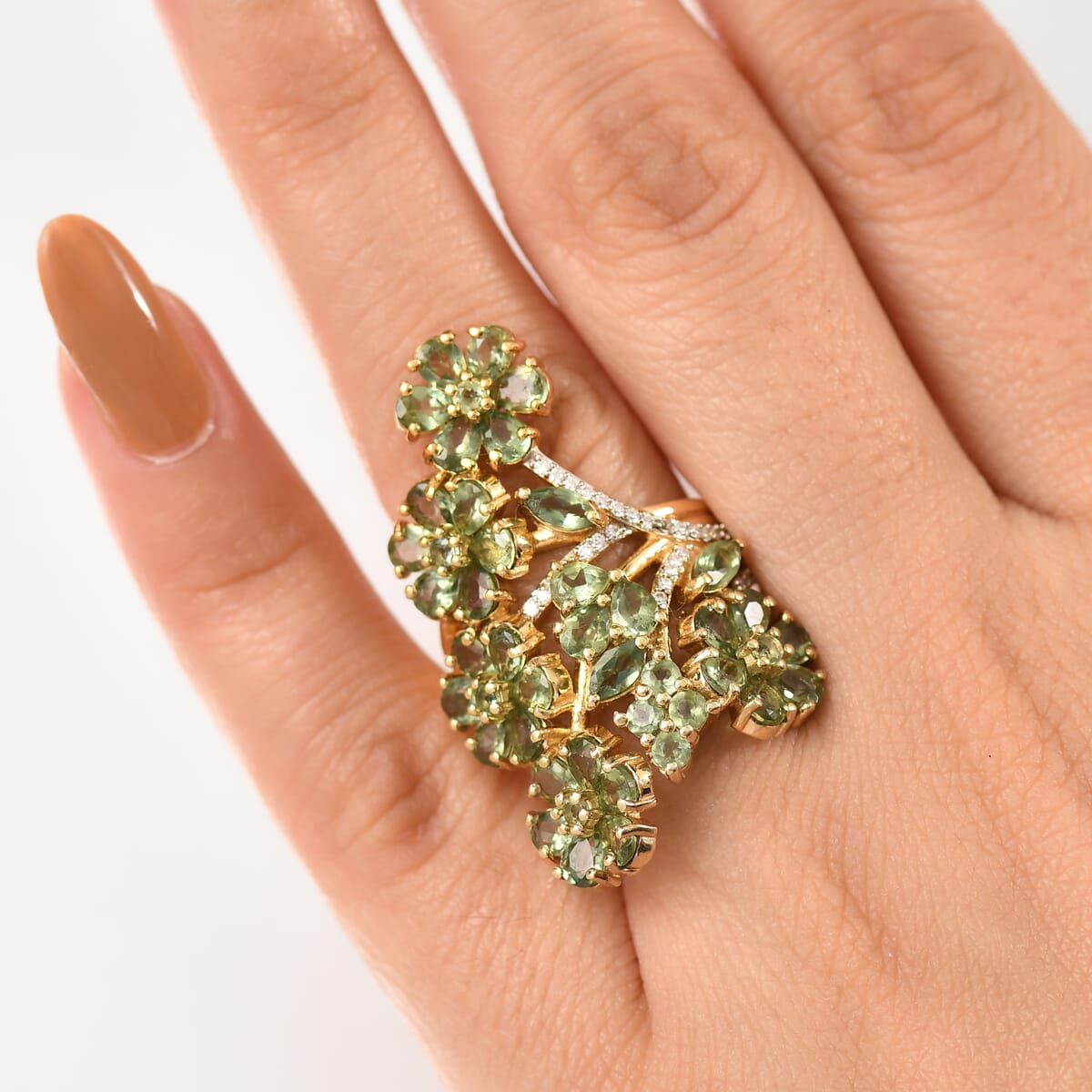 D'Joy Premium Malagasy Pine Apatite and Moissanite 6.80 ctw Jasmine Floral Ring in 18K Vermeil Yellow Gold Over Sterling Silver (Size 10.0) image number 2