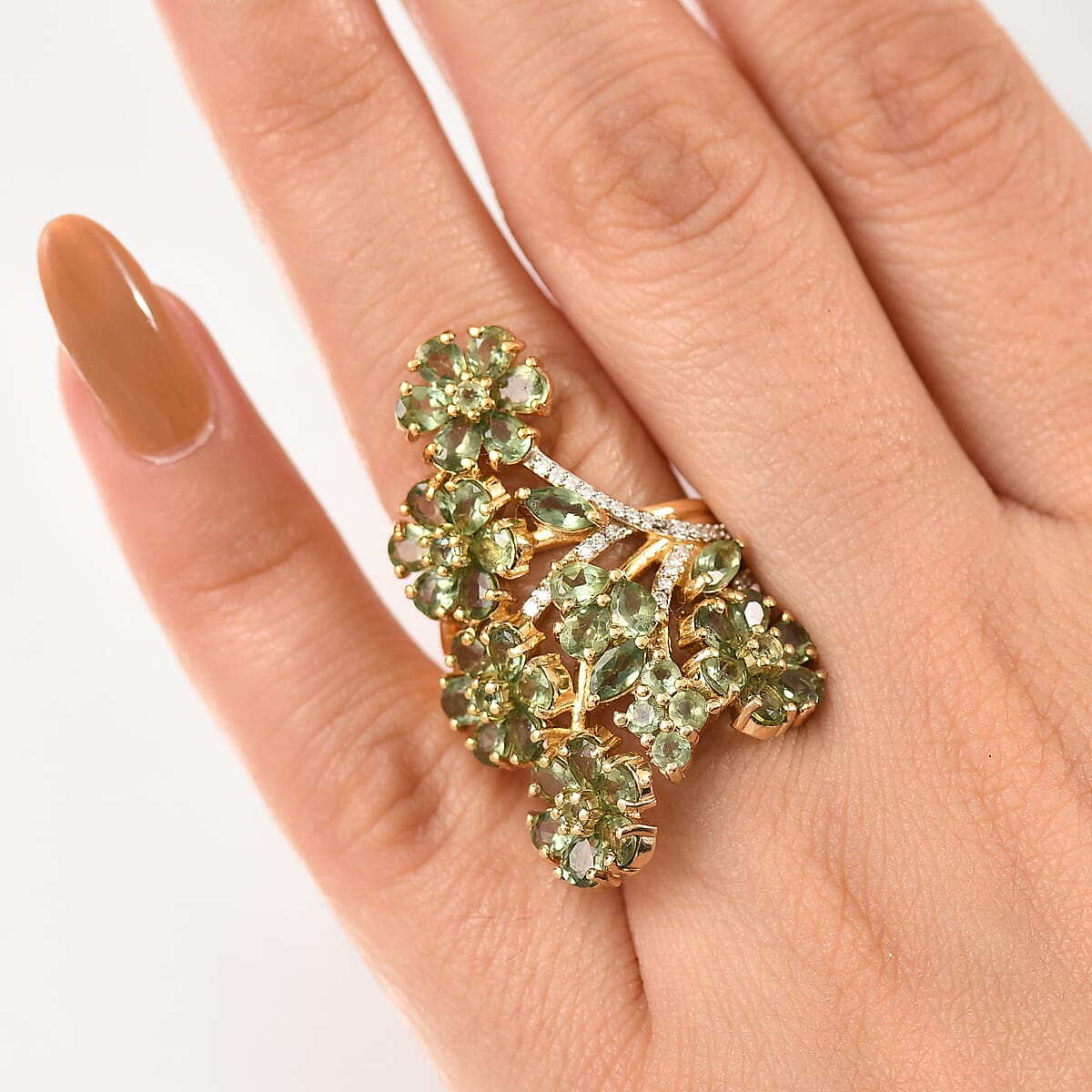 D'Joy Premium Malagasy Pine Apatite and Moissanite 6.80 ctw Jasmine Floral Ring in 18K Vermeil Yellow Gold Over Sterling Silver (Size 5.0) image number 2
