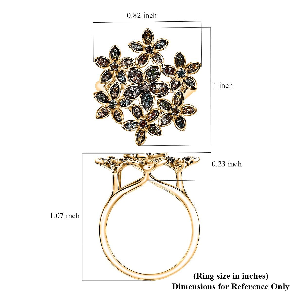 D'Joy Multi Color Diamond 0.50 ctw Blooming Brilliance Ring in 18K Vermeil Yellow Gold Over Sterling Silver (Size 10.0)