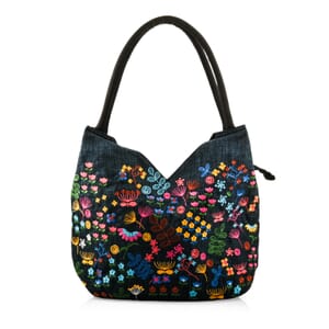 Navy Floral Embroidery 100% Polyester Tote Bag - One Size