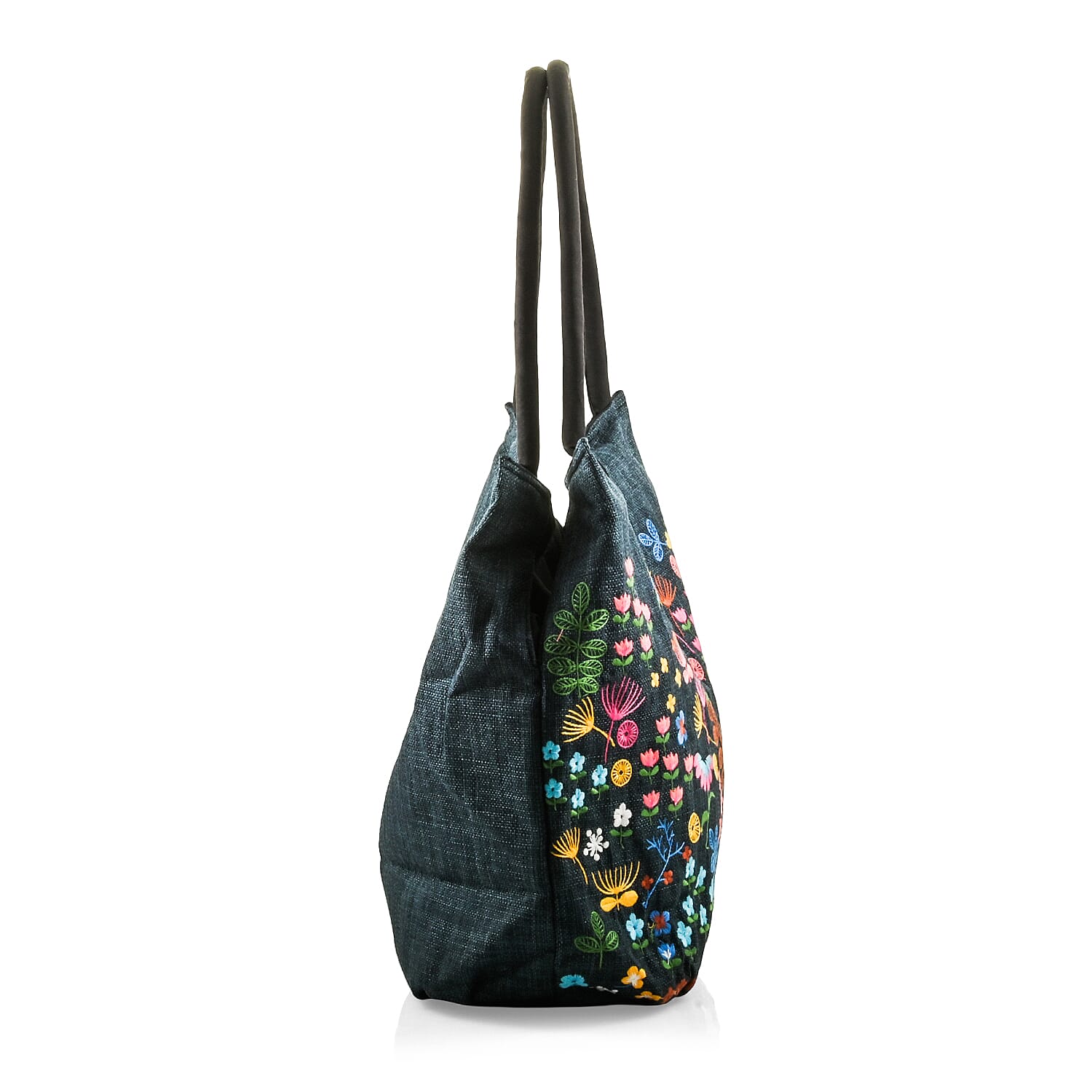Navy Floral Embroidery Polyester Tote Bag
