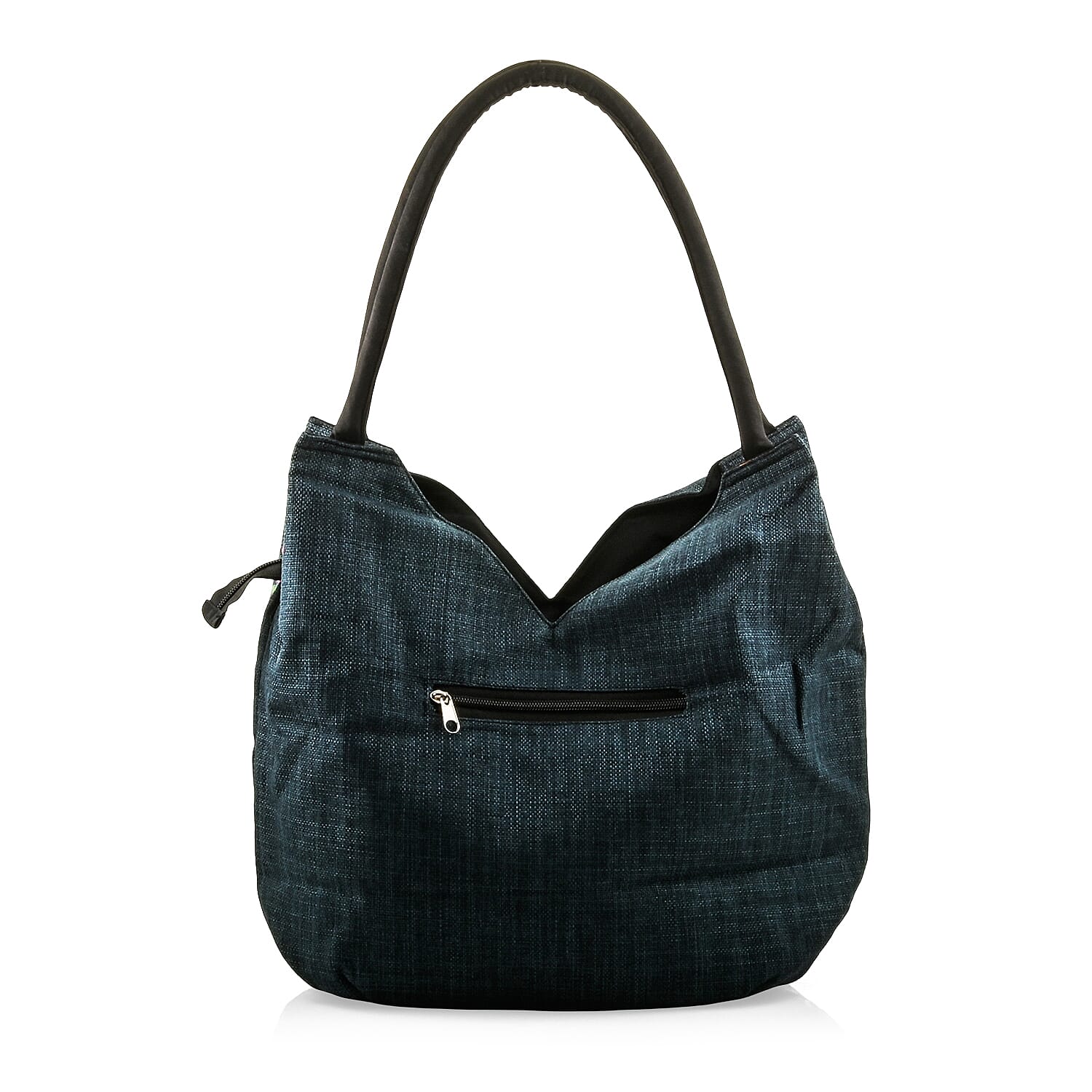 Navy Floral Embroidery Polyester Tote Bag