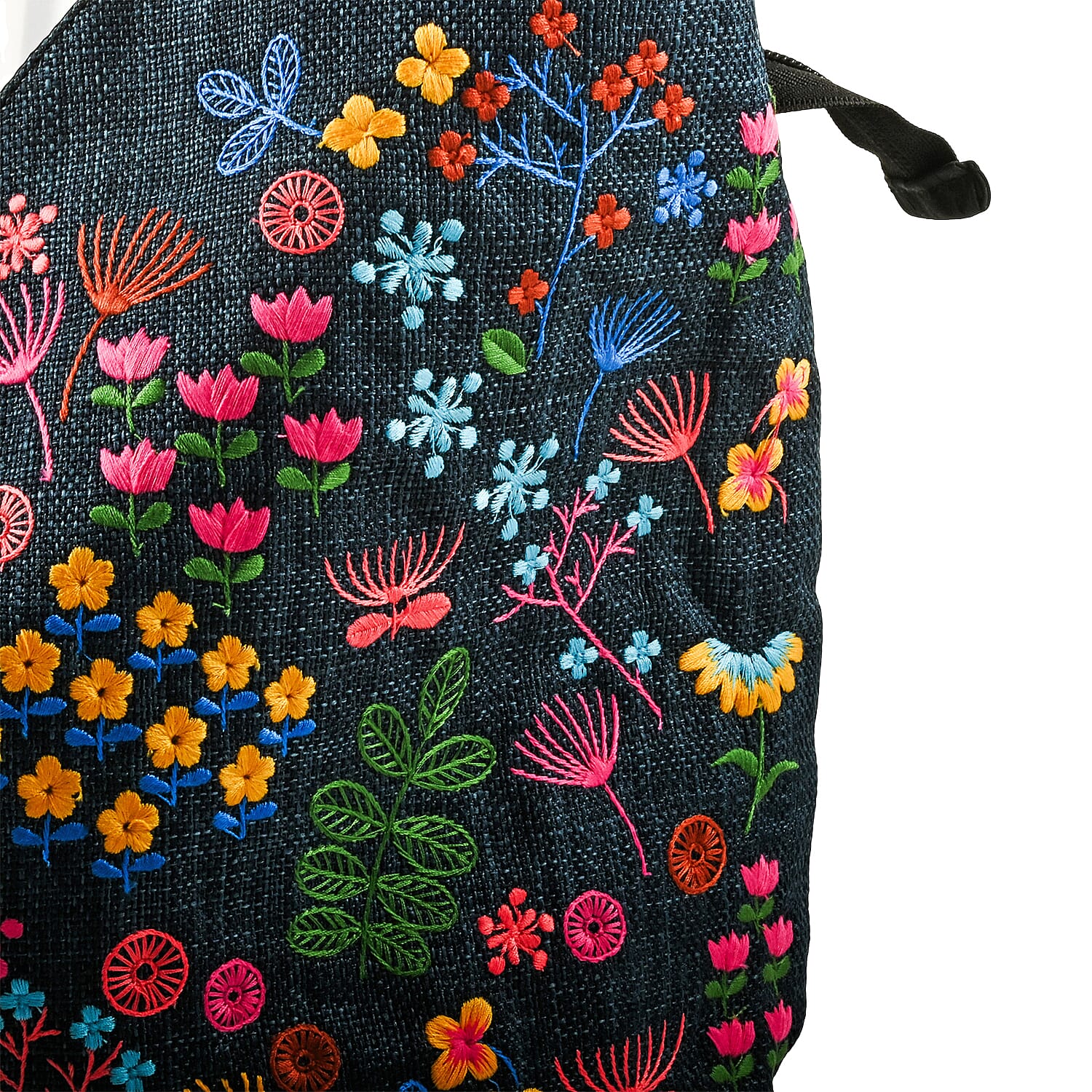 Navy Floral Embroidery Polyester Tote Bag