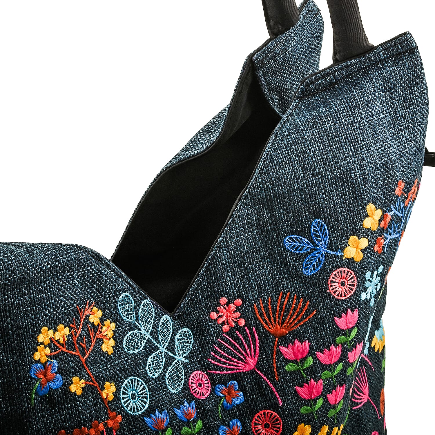 Navy Floral Embroidery Polyester Tote Bag