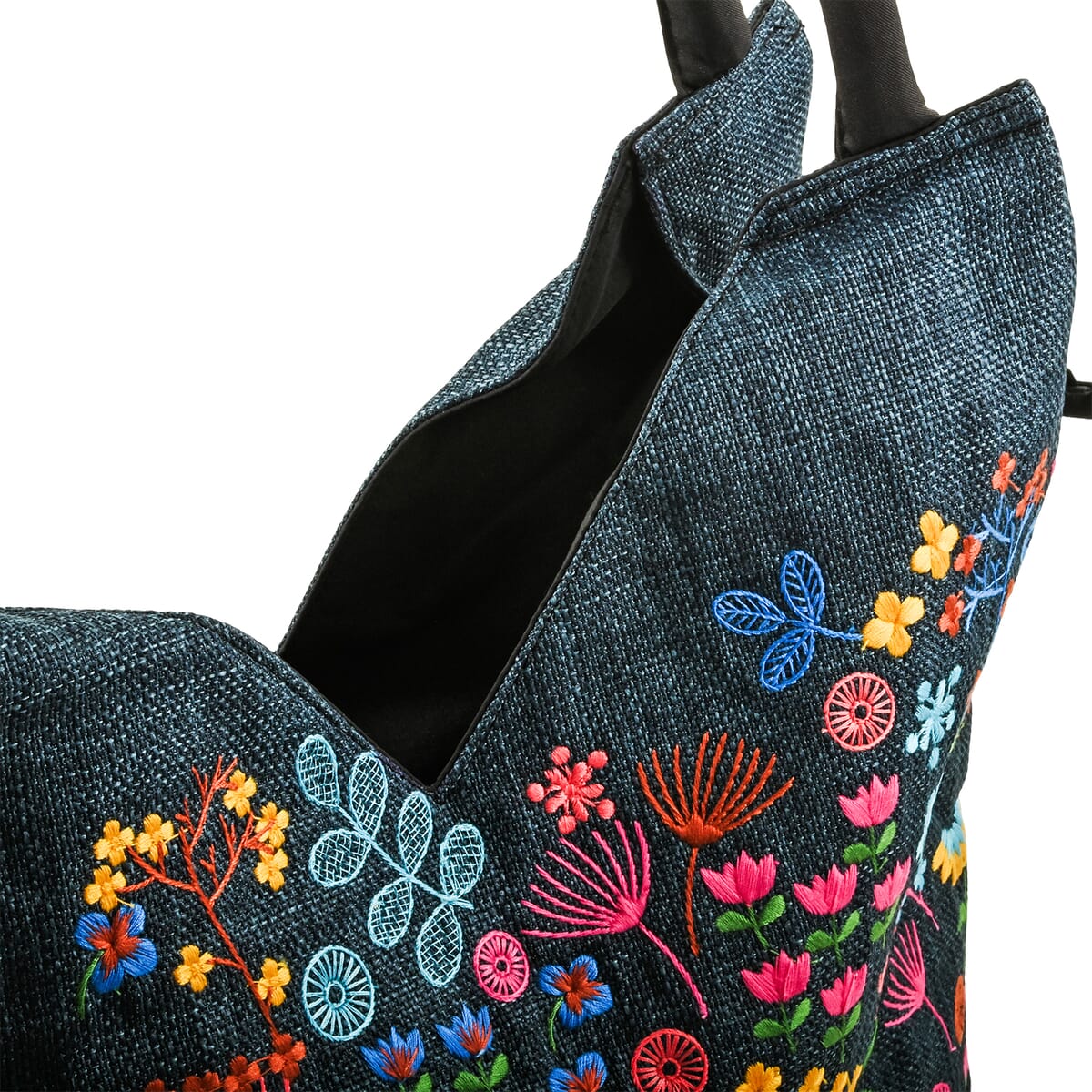 Navy Floral Embroidery 100% Polyester Tote Bag - One Size image number 6